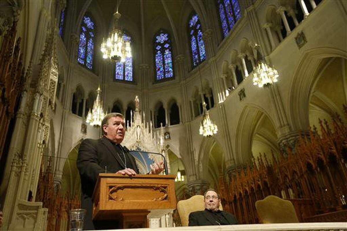 Indianapolis Archbishop Joseph W. Tobin, speaks during a press conference at the Cathedral Basilica in Newark, NJ., Monday, Nov. 7, 2016. Pope Francis on Monday tapped one of his new cardinals, Joseph Tobin, to replace Archbishop John Myers, the Newark, New Jersey, archbishop who has been criticized for allegedly mishandling sex-abuse cases and spending lavishly on his retirement home. Myers reached the mandatory retirement age of 75. (Ed Murray/NJ Advance Media via AP) (Ed Murray/NJ Advance Media for NJ.com via AP)