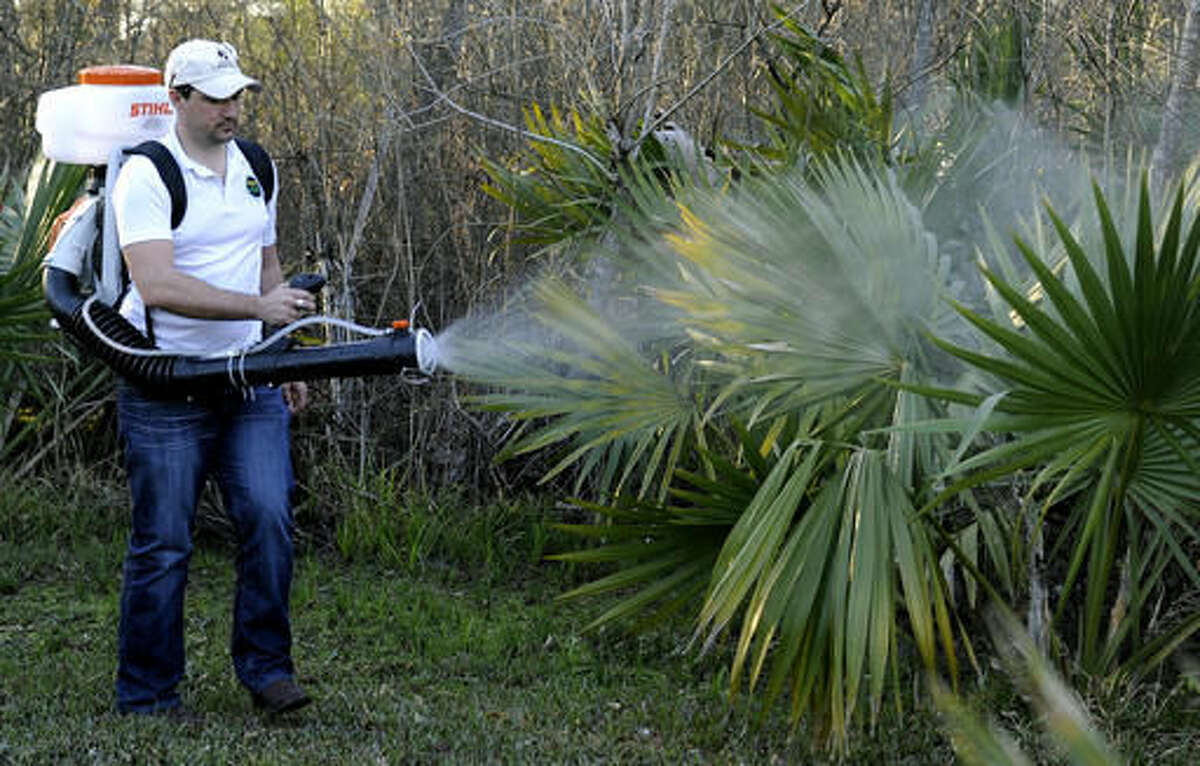 FILE- In this Feb. 10, 2016, photo, Darryl Nevins, sprays a backyard to control mosquitoes, in Houston. Texas on Monday, Nov. 28, 2016, reported its first case of Zika virus that likely came from a mosquito bite within the state. (AP Photo/Pat Sullivan, File)