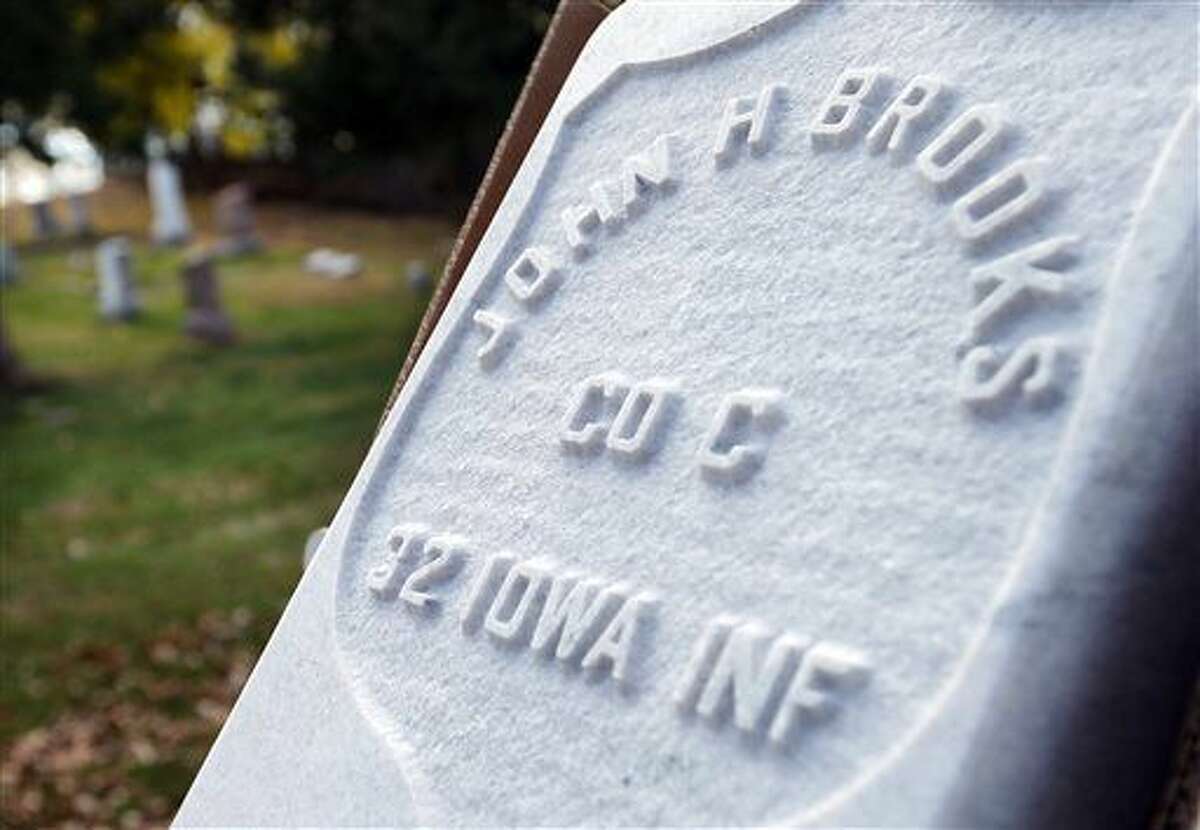In this photo taken Nov. 2, 2016, a new marker for the Grand Army of the Republic section for Civil War veterans at Floyd Cemetery in Sioux City, Iowa, is viewed. The markers will be added for veterans who do not have any stones on their graves. (Jim Lee/Sioux City Journal via AP)