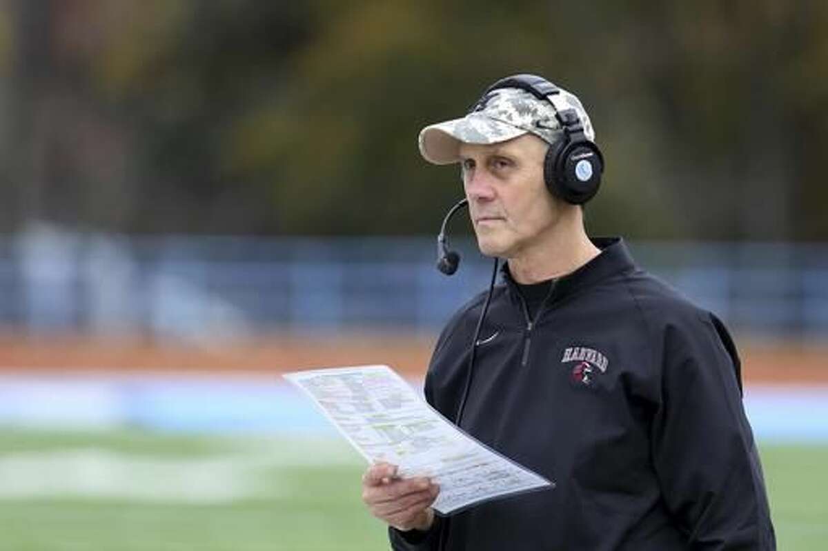 FILE - In this Saturday, Nov. 7, 2015 photo, Harvard football head coach Tim Murphy looks on from the sidelines against Columbia during a college football game in Manhattan, N.Y. With a victory over their archrivals in the 133rd edition of The Game on Saturday, Nov. 19, 2016, Harvard (7-2, 5-1) would clinch a share of a fourth straight Ivy League championship for the first time in the school's history. (AP Photo/Gregory Payan, File)