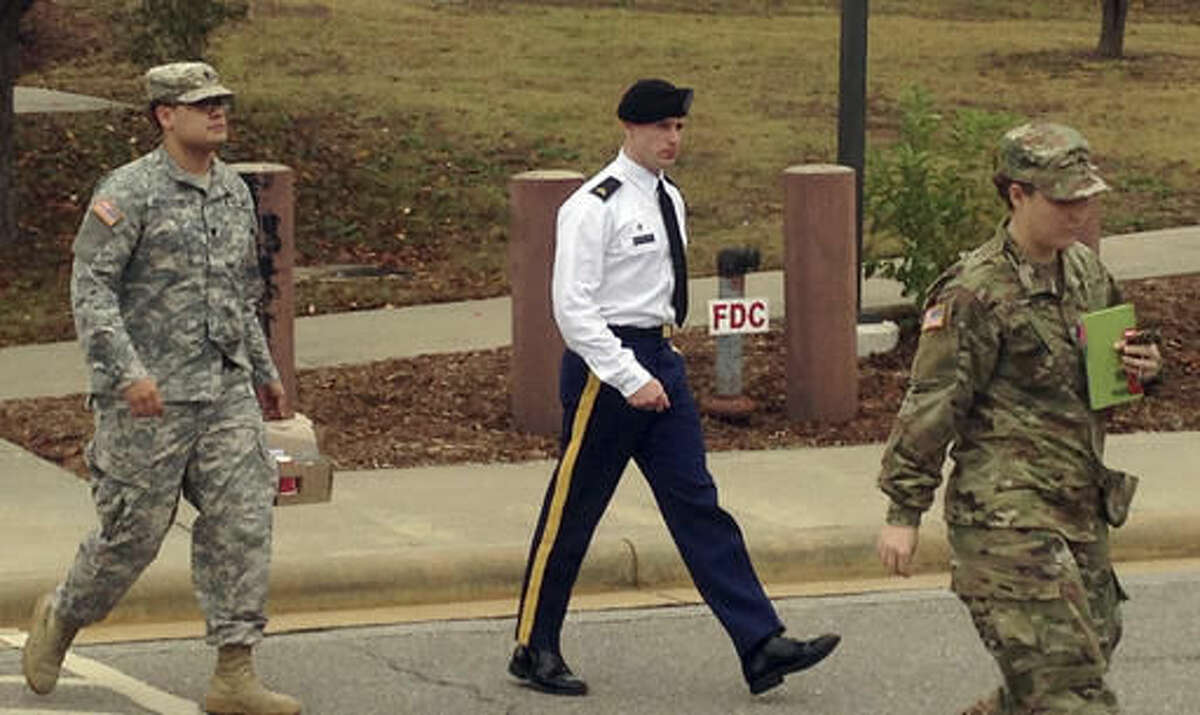 Army Sgt. Bowe Bergdahl is seen leaving a courtroom after a pretrial hearing in Fort Bragg, NC., Monday, Nov. 14, 2016. Bergdahl faces a military trial in 2017 on charges of desertion and misbehavior before the enemy after walking off his post in Afghanistan in 2009. (AP Photo/Jonathan Drew)