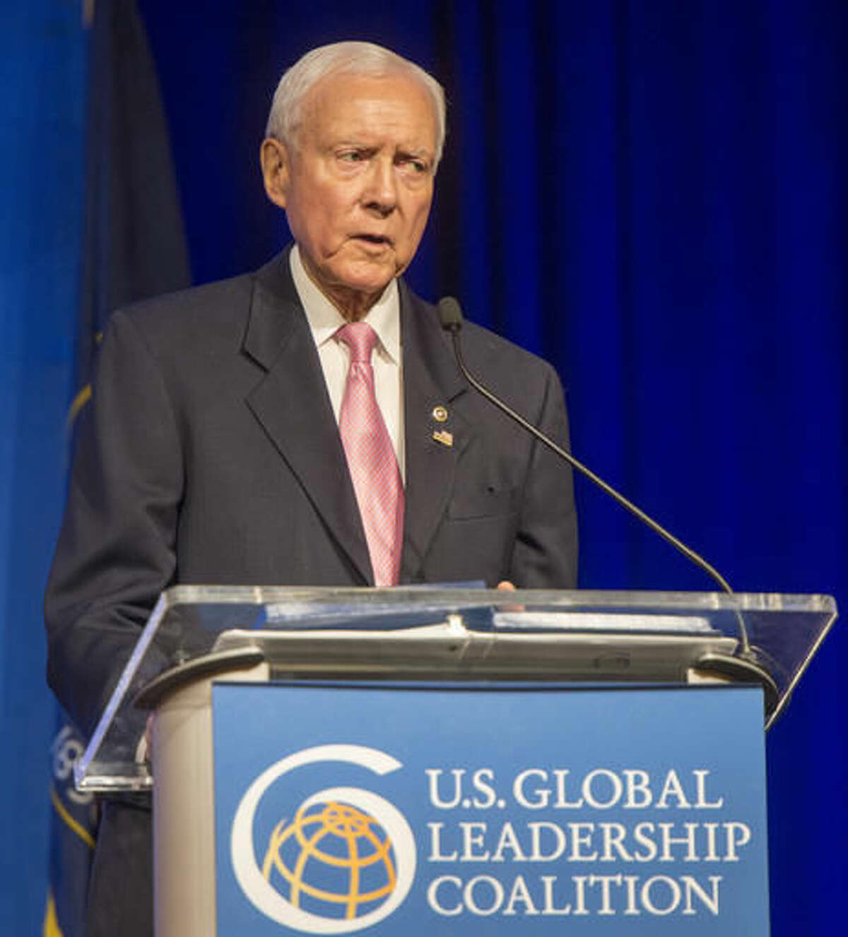 Sen. Orrin Hatch gives the keynote speech at the U.S. Global Leadership Coalition luncheon, at the Grand America in Salt Lake City, Friday, Nov. 18, 2016. Hatch said President-elect Donald Trump is an extraordinary man and very bright guy who understands trade but there may be work to do to encourage some of those in his administration that open markets are key to America's economic and security interests. (Rick Egan/The Salt Lake Tribune via AP)