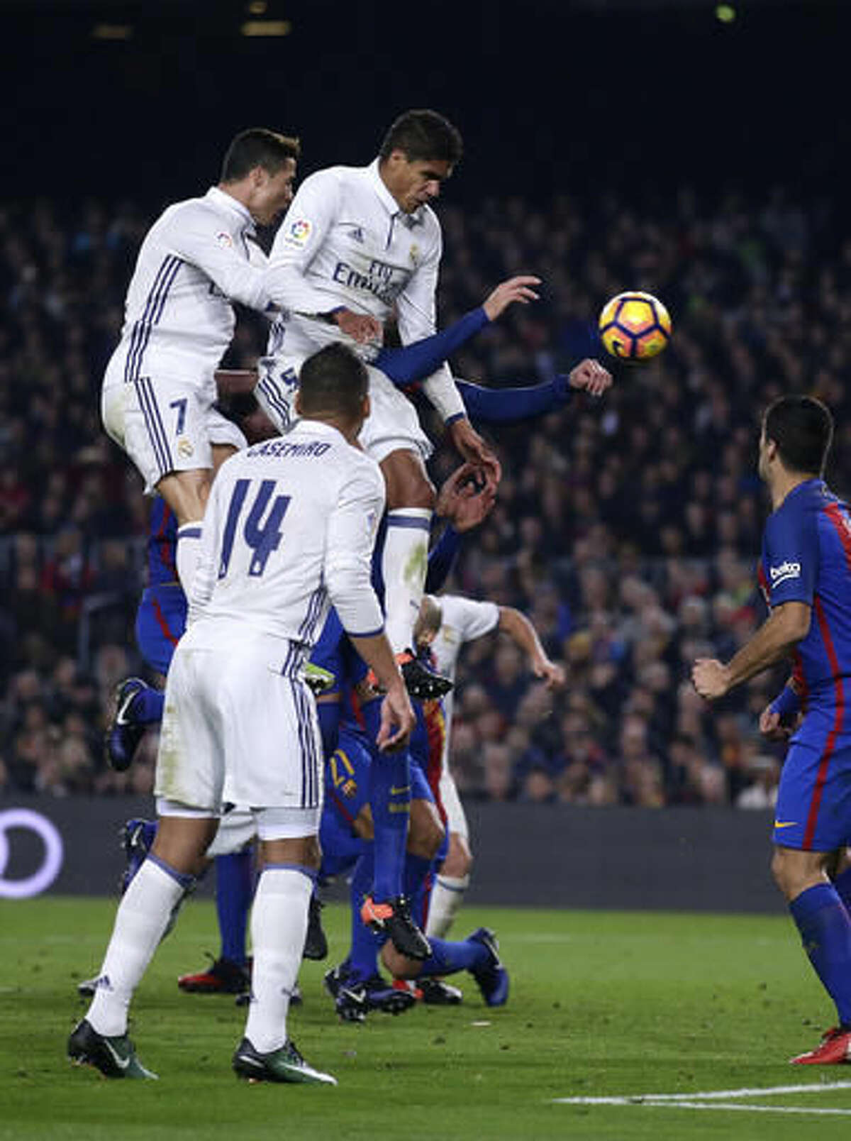 Raphael Varane of Real Madrid looks on during the La Liga match