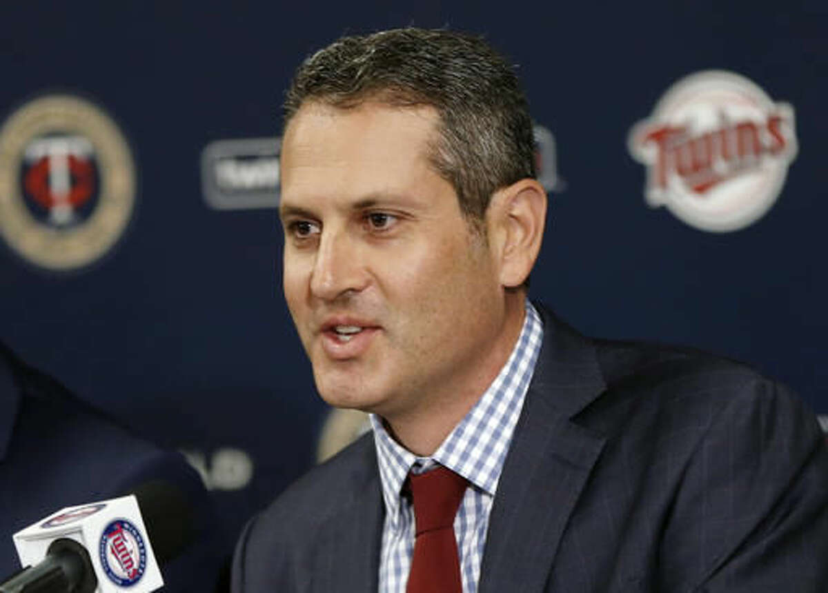 CORRECTS TAD TO THAD - Minnesota Twins new general manager Thad Levine addresses the media Monday, Nov. 7, 2016 in Minneapolis. (AP Photo/Jim Mone)