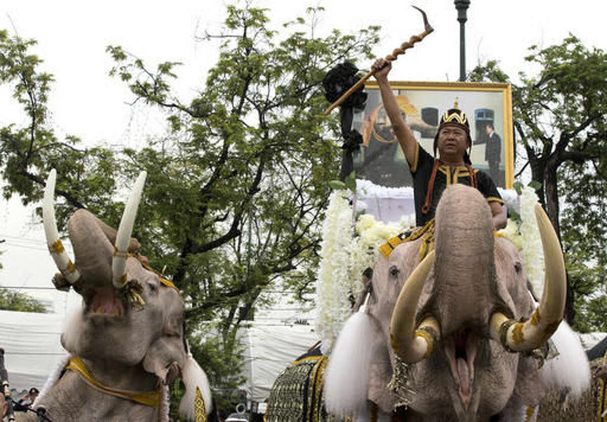 White elephants, mahouts pay respects to late Thai king