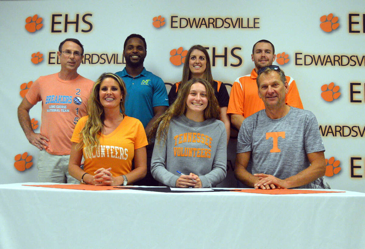 Edwardsville senior Bailey Grinter will swim at the University of Tennessee next year. Seated next to her are her parents, April, left, and Gregory. In the back row from left are Edwardsville Breakers coach Bob Rettle, Next Level fitness trainer EJ Jones, EHS assistant coach Sam Shaw and EHS coach Christian Rhoten.