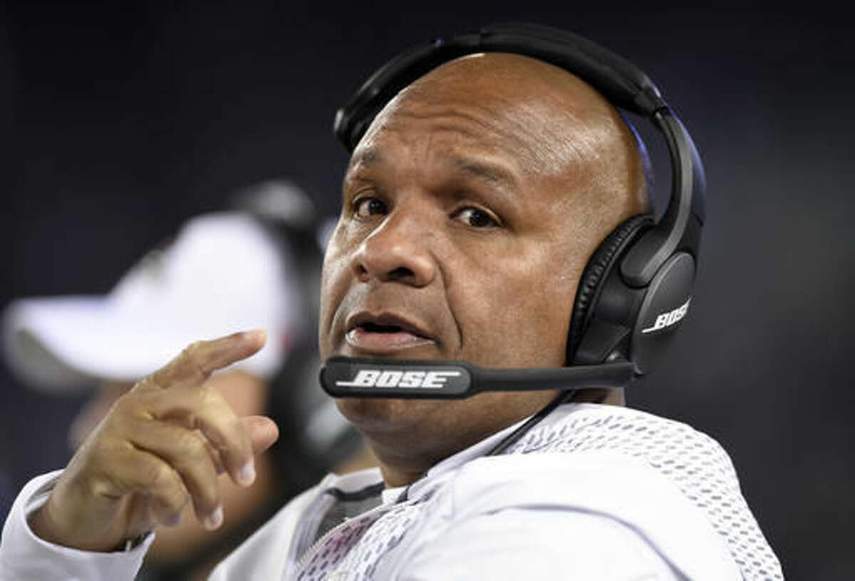 This Nov. 10, 2016 photo shows Cleveland Browns head coach Hue Jackson standing on the sideline in the second half an NFL football game against the Baltimore Ravens in Baltimore. Sashi Brown, the team’s vice president of football operations, said Monday, Nov. 14, 2016 that Jackson’s job is safe for next season despite a 0-10 start. Brown said the team is committed to its rebuilding plan and believes continuity is the key to long-term success. (AP Photo/Gail Burton)