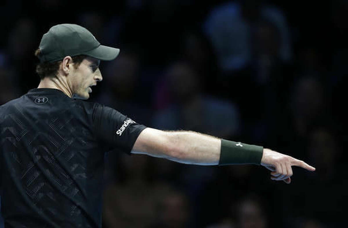 Andy Murray of Britain points during his ATP World Tour Finals singles final tennis match against Novak Djokovic of Serbia at the O2 arena in London, Sunday, Nov. 20, 2016. (AP Photo/Alastair Grant)
