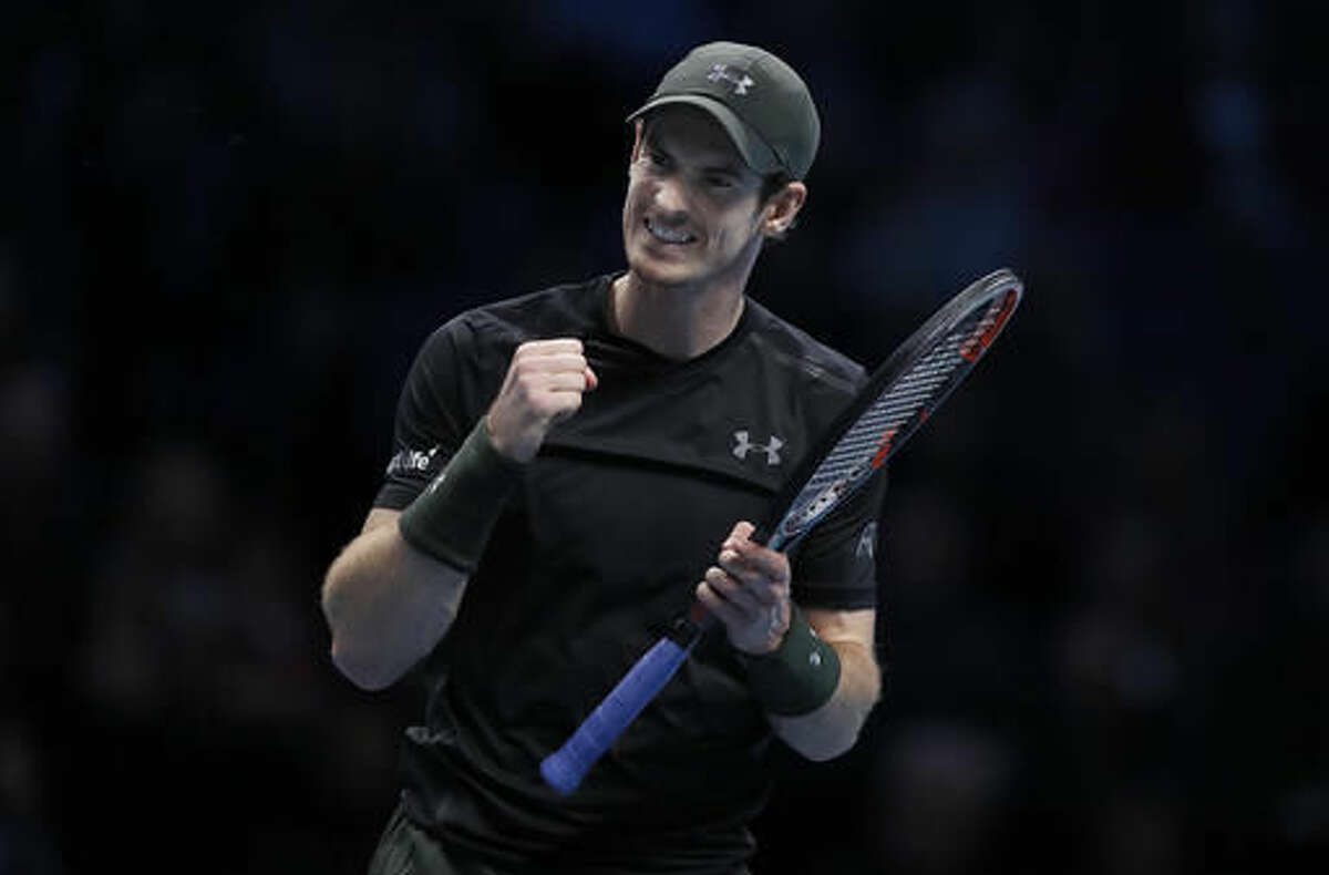 Andy Murray of Britain reacts during his ATP World Tour Finals singles final tennis match against Novak Djokovic of Serbia at the O2 Arena in London, Sunday, Nov. 20, 2016. (AP Photo/Kirsty Wigglesworth)