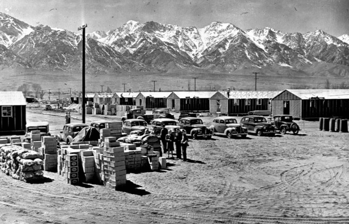 A historical photo of the Manzanar internment camp in the desert near Independence, Calif.