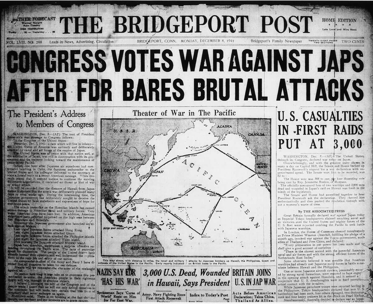 The front page of The Bridgeport Post, now the Connecticut Post, on Dec. 8, 1941 after the Japanese attack on Pearl Harbor.