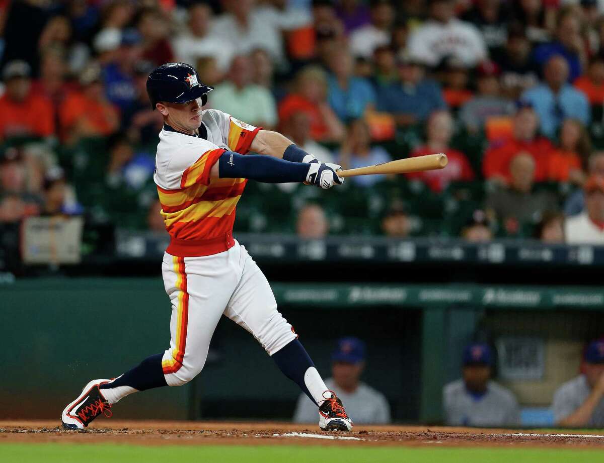 Houston Astros Alex Bregman (2) hits a double during the first inning of an MLB game at Minute Maid Park, Saturday, Aug. 6, 2016, in Houston. ( Karen Warren / Houston Chronicle )