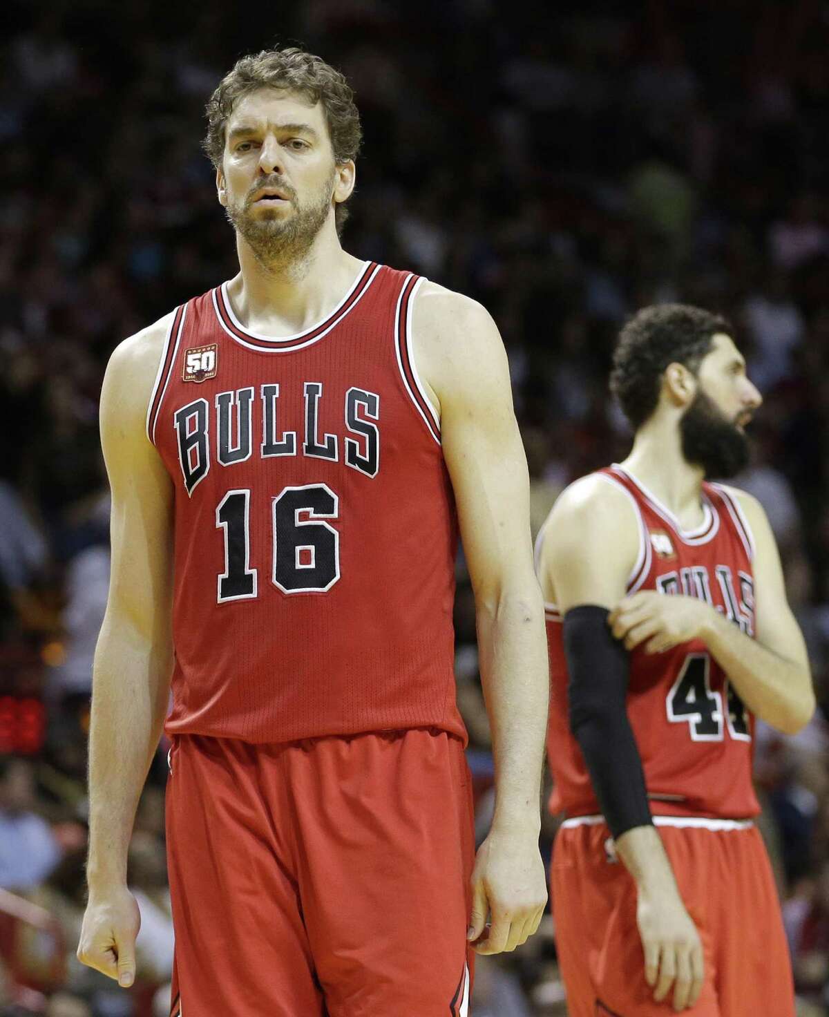 Chicago Bulls center Pau Gasolwalks on the court for the second half against the Heat on April 7, 2016, in Miami.