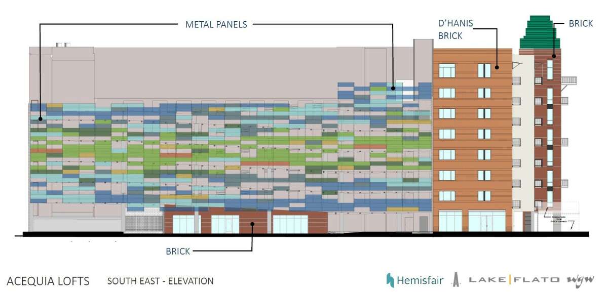 Local architecture firm Lake|Flato plans to decorate one side of the complex with multicolored metal panels that correspond to a diagram of wind speeds in San Antonio throughout the year.