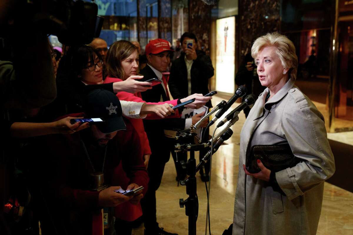FILE - In this Nov. 30, 2016 file photo, Linda McMahon talks with reporters after a meeting with President-elect Donald Trump at Trump Tower in New York. President-elect Donald Trump will nominate wrestling executive Linda McMahon to serve as administrator of the Small Business Administration, a Cabinet-level position. (AP Photo/Evan Vucci, File)