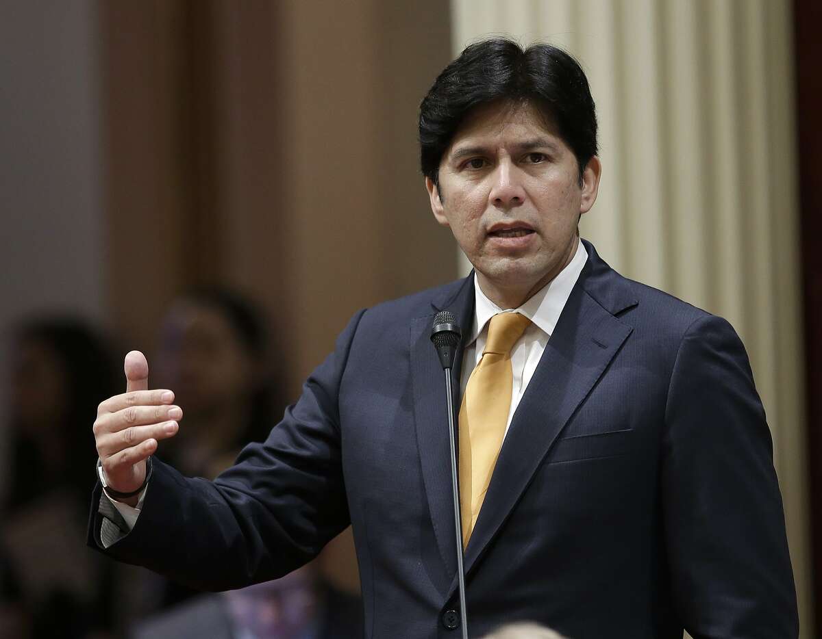 FILE-- In this May 19, 2016 file photo, State Senate President Pro Tem Kevin de Leon, D-Los Angeles, addresses the Senate in Sacramento, Calif. California's Democratically controlled government are looking for ways to maintain California policies on health care, immigration and climate change after the election of Donald Trump and a Republican-controlled Congress. (AP Photo/Rich Pedroncelli, file)