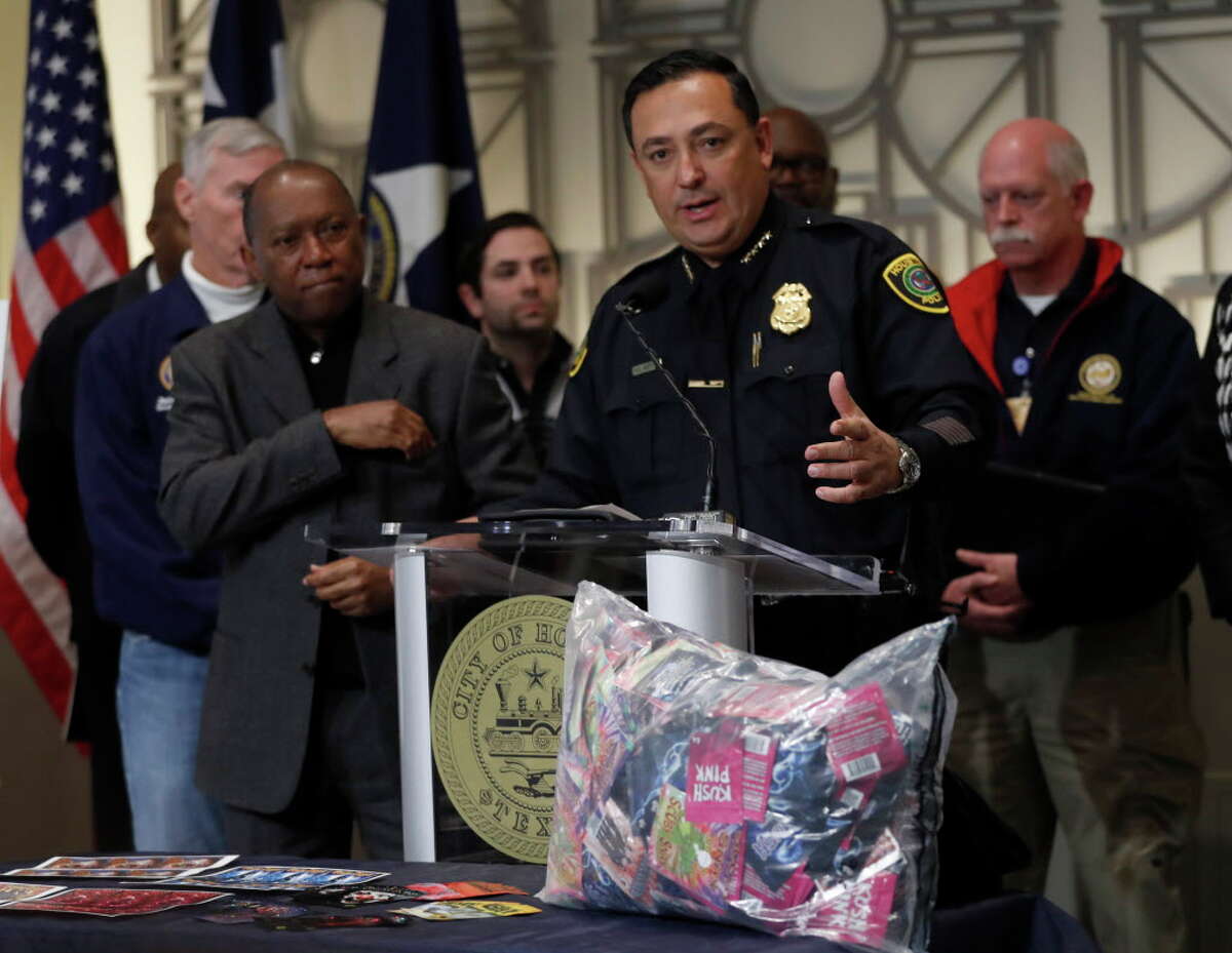 Houston Police Chief Art Acevedo speaks with Mayor Sylvester Turner to announce a large Kush bust last month. Click through the slideshow to see Houston's deadliest murders.