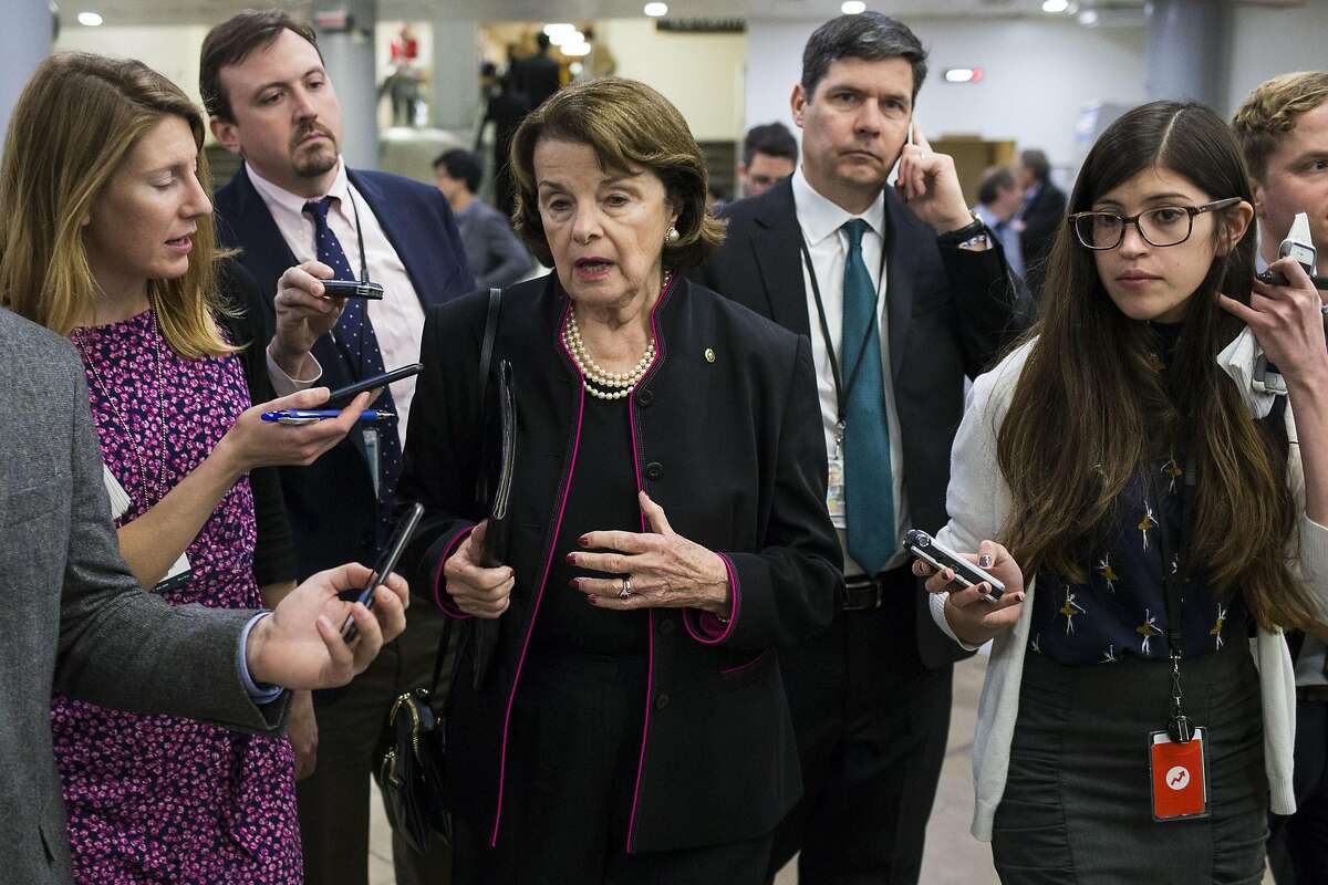 Sen. Dianne Feinstein (D-Calif.) speaks to reporters after a Senate vote on Iran sanctions, in Washington, Dec. 1, 2016. Following a House vote in November, the Senate voted on Thursday to extend American sanctions against Iran for a decade � a measure that supporters said would help ensure that the United States could fully respond if Iran were to violate its obligations under the nuclear agreement. (Al Drago/The New York Times)