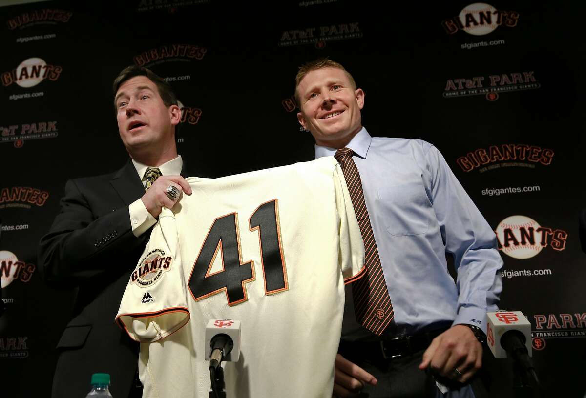 Giants General Manager Bobby Evans, (left) was on hand as the San Francisco Giants introduced their newly acquire pitcher Matt Melancon, at AT&T Park in San Francisco, California, on Friday December 9, 2016.