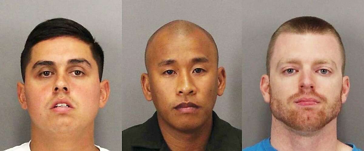 Rafael Rodriguez, left, Jereh Lubrin, center, and Matthew Farris, right, are the three Santa Clara County correctional officers accused of murder in the beating death of inmate Michael Tyree.
