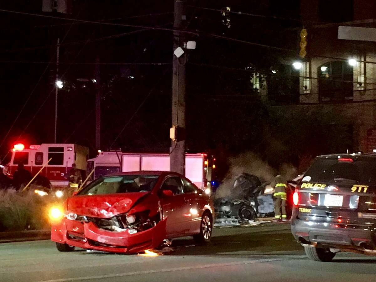 A car caught fire after a collision near the intersection of Broadway Street and Brackenridge Avenue.