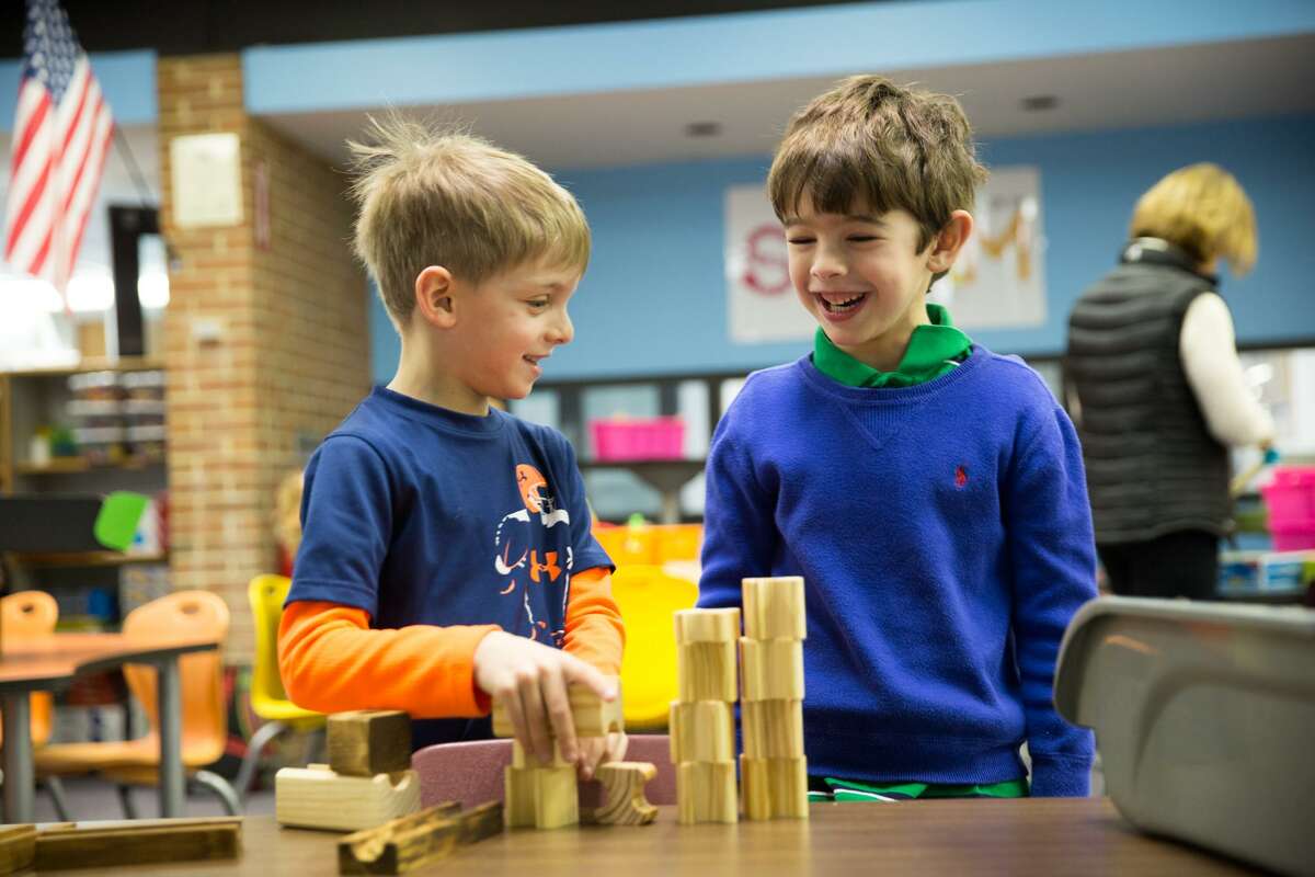 Ethan Lisker and Tyler Malkin build a block ramp, which are some of the new materials for S.T.E.A.M. provided by the Greenwich Alliance at the Parkway School in Greenwich, Conn on Thursday, December 8, 2016.