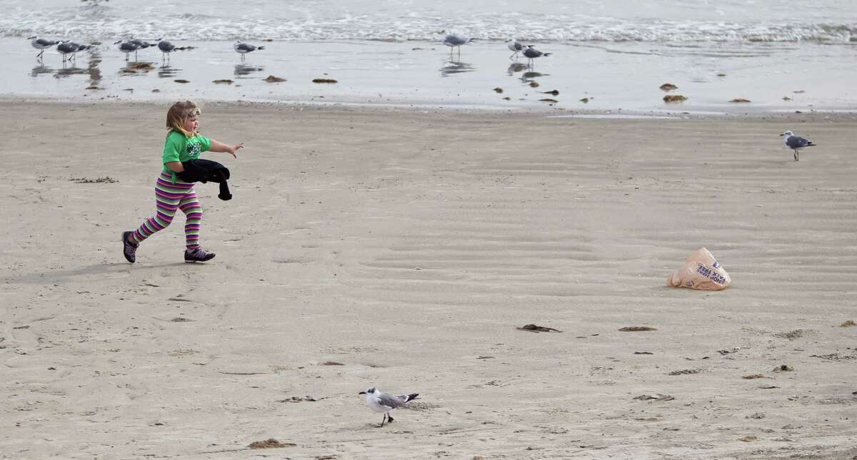 Emma Hubbard, 3, of Lufkin, chases her plastic bag as she plays on the Seawall beach, Thursday, Nov. 29, 2012, in Galveston.