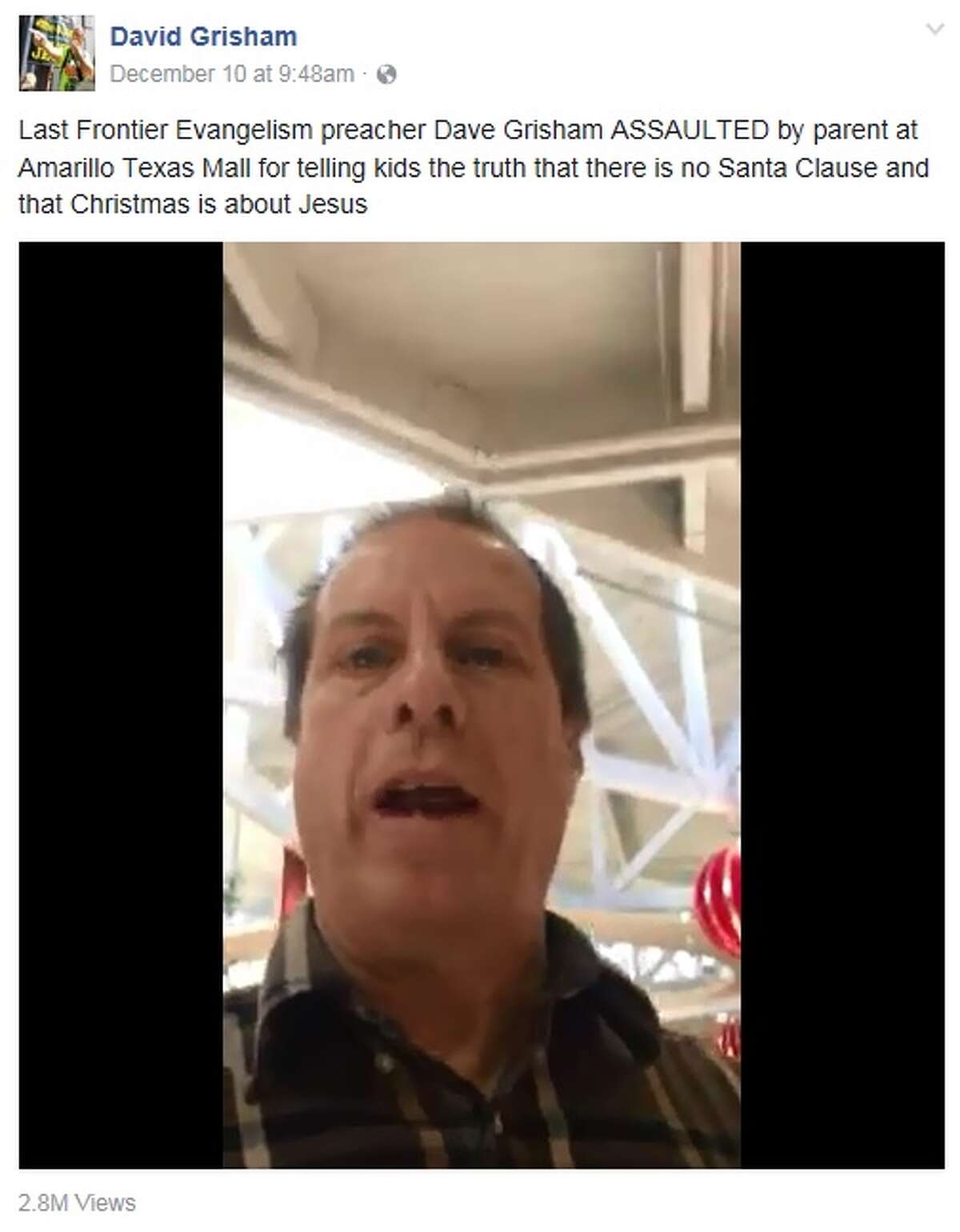 Screengrab of a Dec. 10 Facebook video posted on David Grisham's account in which he preached to families gathered at an Amarillo mall that Santa isn't real. The clip has been deleted. 