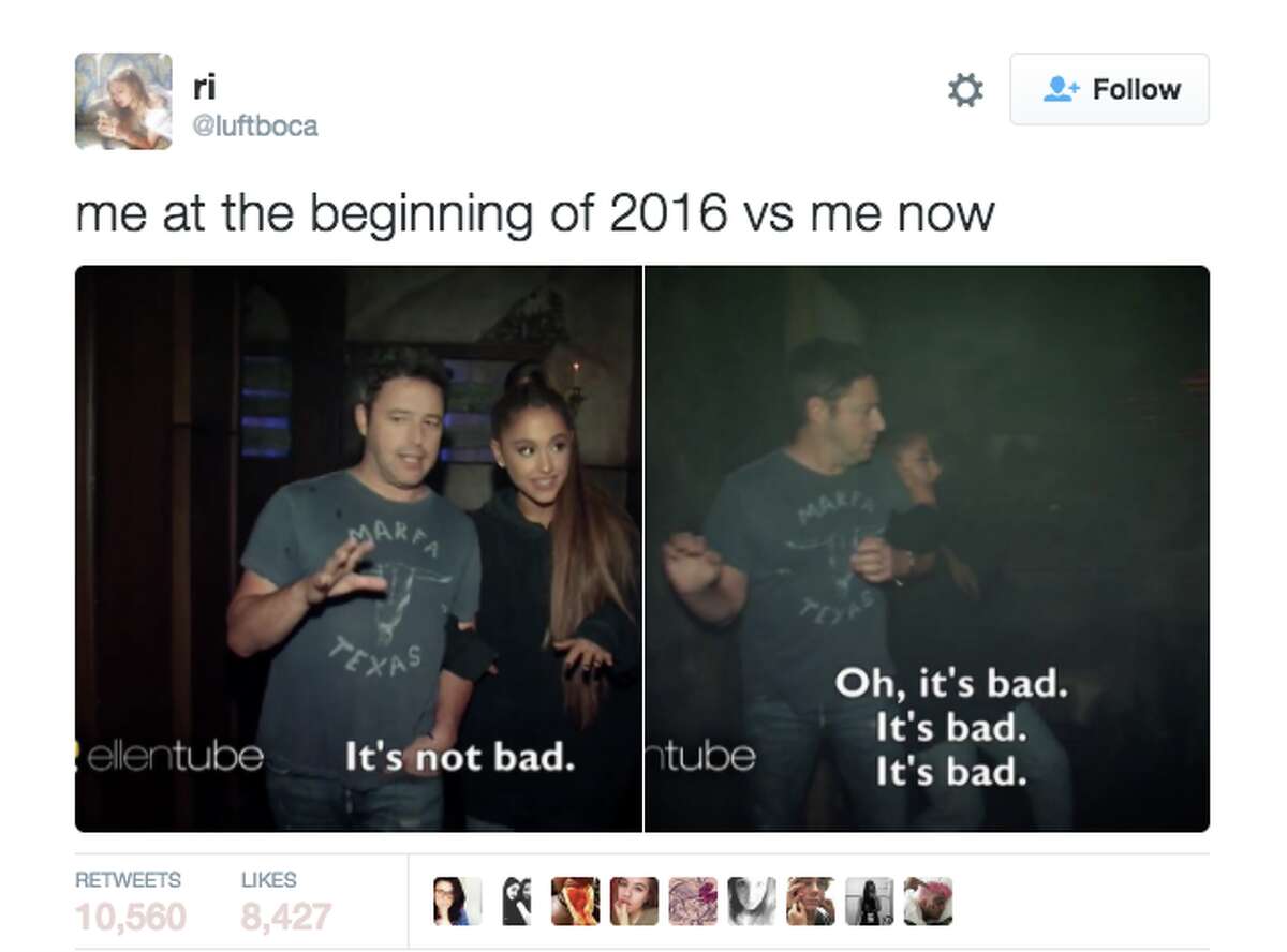 One of the first "me at the beginning of 2016" memes to go viral; it has over 10,000 retweets.