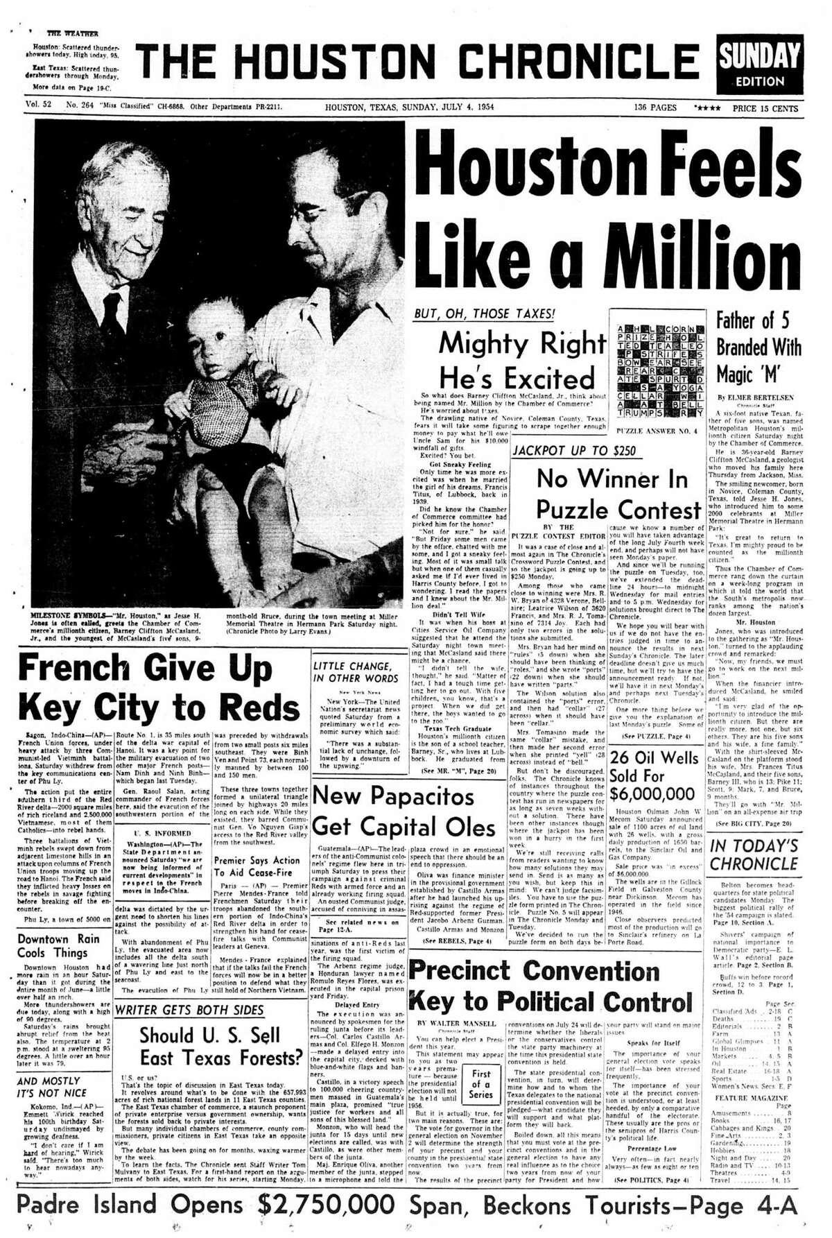 Houston Chronicle front page (HISTORIC) - July 4, 1954 - section A, page 1. Houston Feels Like a Million. Mighty Right He's Excited (Barney Clifton McCasland). Father of 5 Branded With Magic 'M'