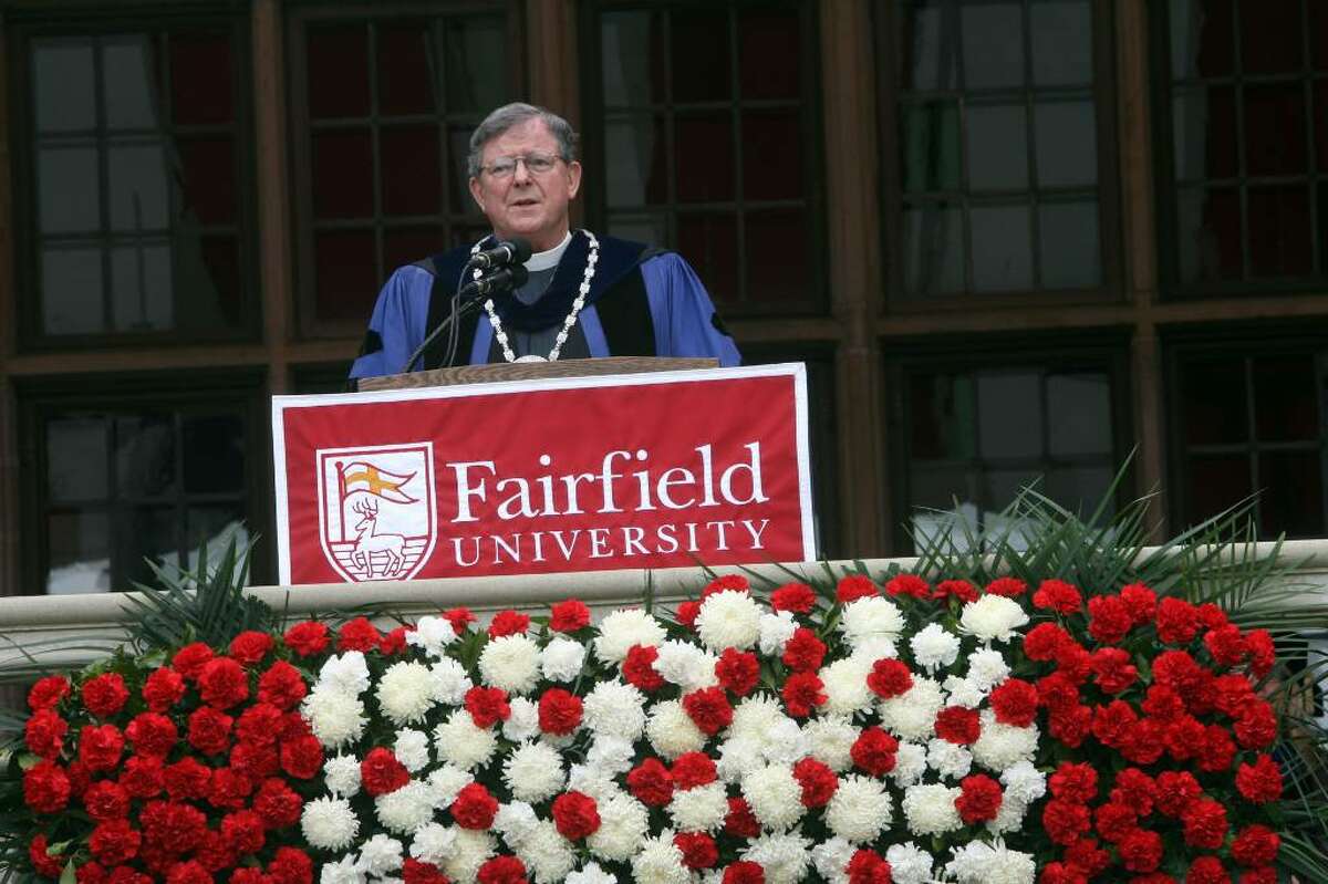 President Reverend Jeffrey von Arx gives concluding remarks at Fairfield University's commencement ceremony on Sunday, May 23, 2010.