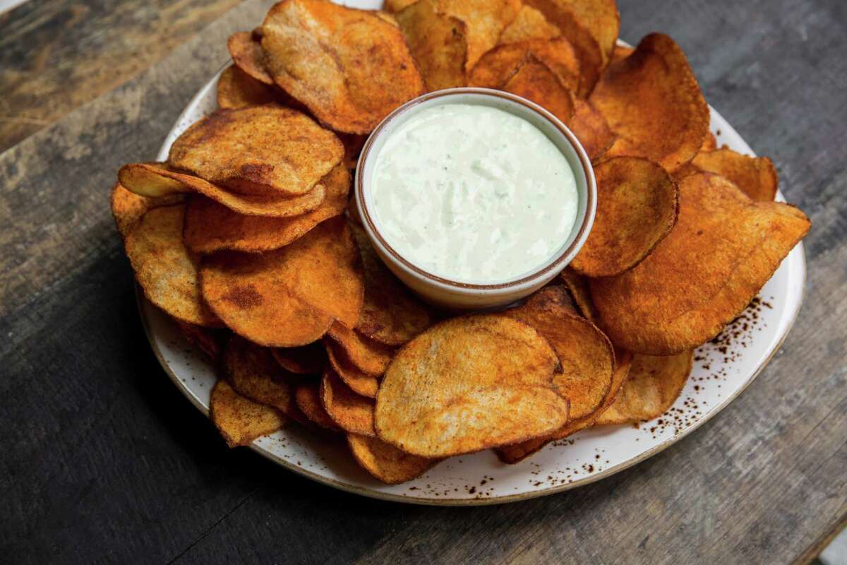 Dill Pickle Dip served with barbecue potato chips from State Fare restaurant, Houston.