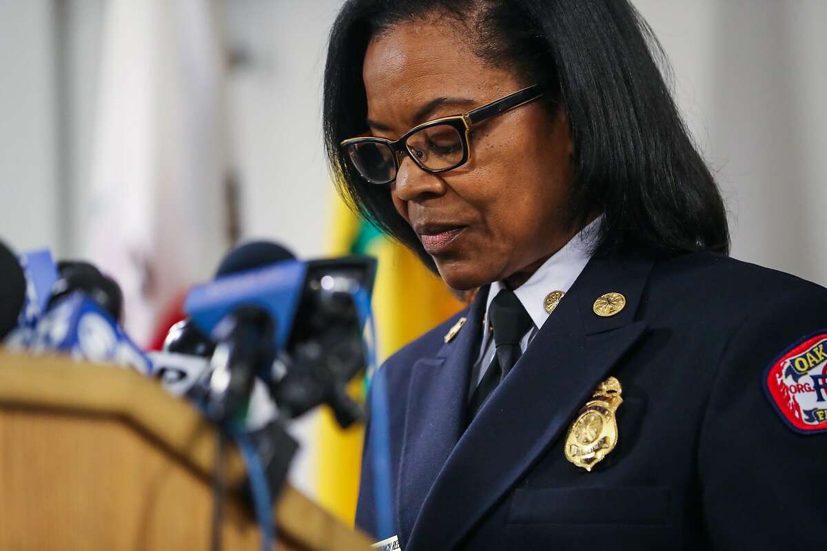 Oakland Fire Chief Teresa Deloach Reed pauses while speaking during a press conference regarding the status of the investigation of the fire that killed 36 at the Ghost Ship in Oakland, Calif., on Tuesday, Dec. 13, 2016.