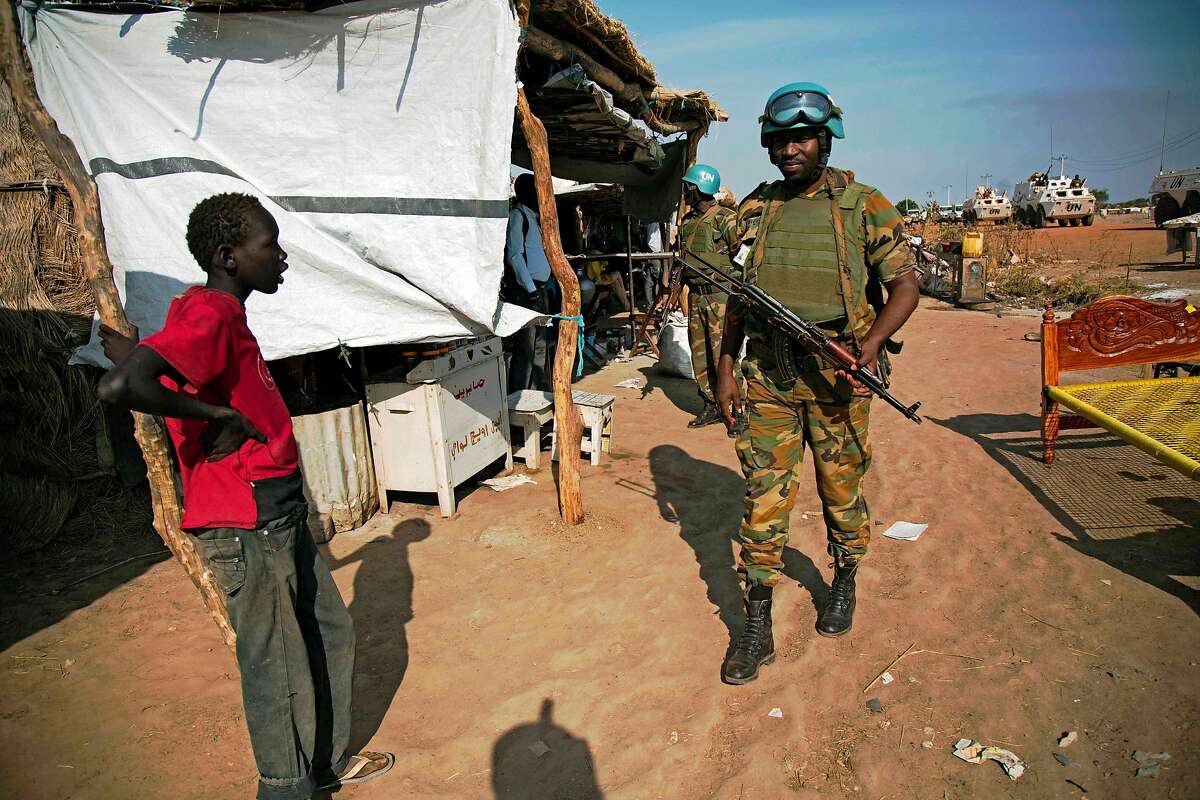 Peacekeeper troops from Ethiopia and deployed in the UN Interim Security Force for Abyei (UNISFA) patrol outside Abyei town, in Abyei state, on December 14, 2016. The Abyei Administrative Area is a disputed territory between Sudan and South Sudan with longstanding intercommunal tensions between the Ngok-Dinka ethnic majority and the pastoral Misseriya population, who migrate through the area seasonally from the north. An attack by Government of Sudan forces on Abyei in May 2011 displaced the majority of the Ngok Dinka population, approximately 105,000 people to areas south of the River Kiir, which became overcrowded and are suffering a huge competition over natural resources. / AFP PHOTO / ALBERT GONZALEZ FARRANALBERT GONZALEZ FARRAN/AFP/Getty Images
