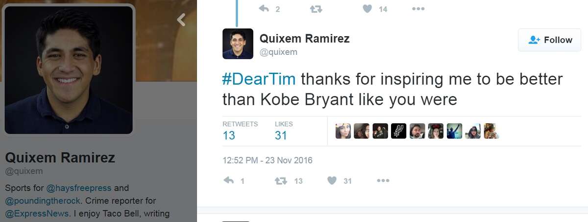 "#DearTim thanks for inspiring me to be better than Kobe Bryant like you were," @quixem.