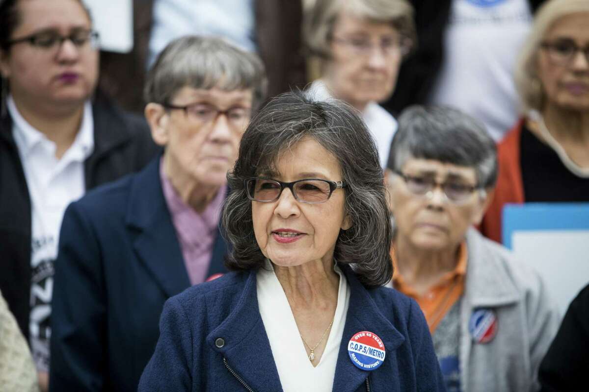 Maria Tijerina talks about the city’s proposed housing bond during a press conference put on by the COPS/Metro Alliance on the steps of City Hall in San Antonio, Texas on December 14, 2016. Two years later, Tijerina is asking why the city told her organization that housing rehab money was available when it wasn’t.
