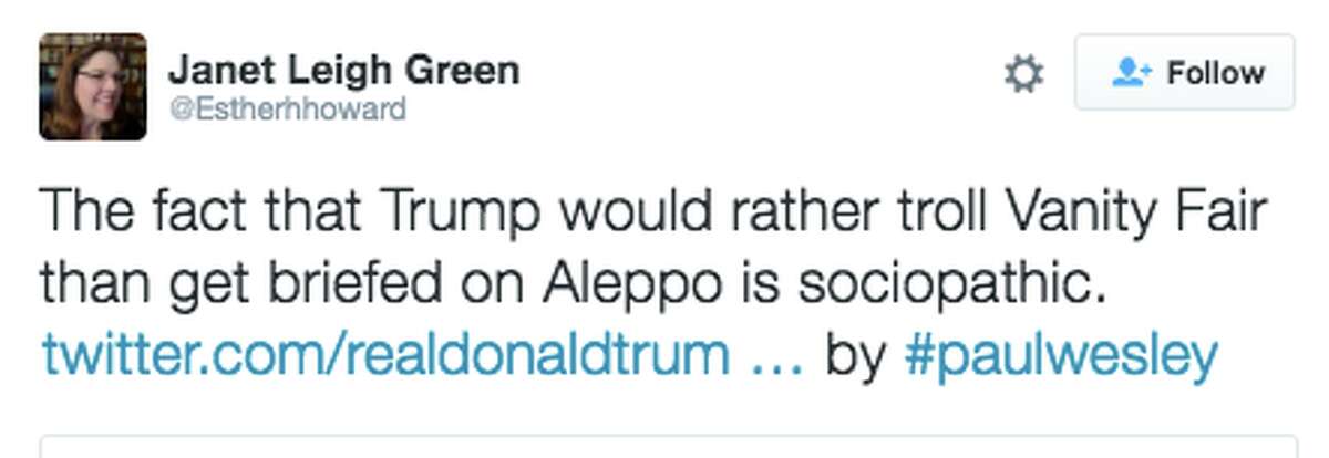 Many Twitter users criticized President-elect Donald Trump for sending a Tweet slamming Vanity Fair magazine on Thu., Dec. 15, 2016, rather than addressed the crisis in Aleppo.