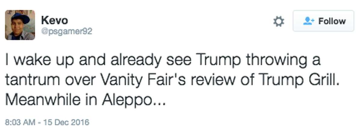 Many Twitter users criticized President-elect Donald Trump for sending a Tweet slamming Vanity Fair magazine on Thu., Dec. 15, 2016, rather than addressed the crisis in Aleppo.