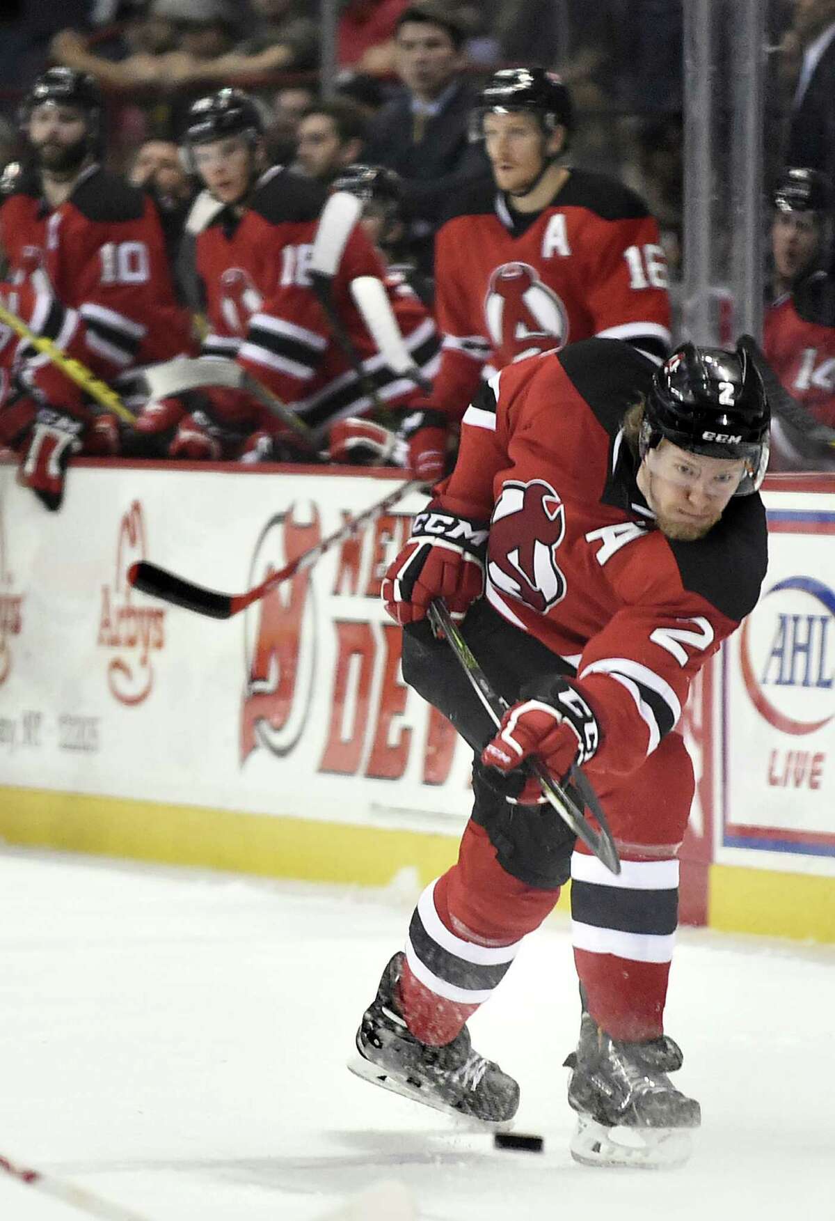 Devils' Seth Helgeson shoots the puck during Game 5 of the American Hockey League quarterfinal playoff series against the Marlies on Thursday, May 12, 2016, at Times Union Center in Albany, N.Y. (Cindy Schultz / Times Union) ORG XMIT: MER2016102715305713 ORG XMIT: MER2016102715344231