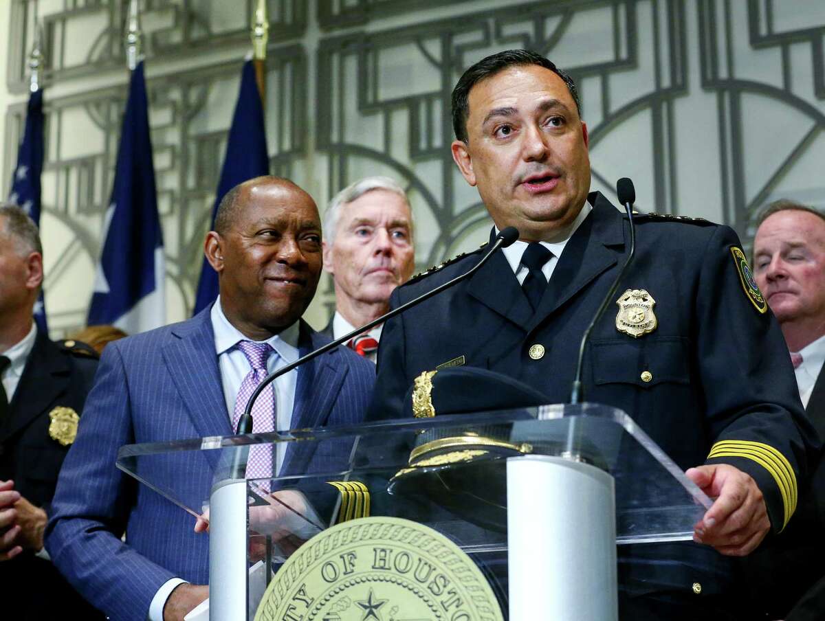 Police Chief Art Acevedo, right, speaks during a press conference after he was sworn in, Wednesday, Nov. 30, 2016, in Houston. ( Jon Shapley / Houston Chronicle )
