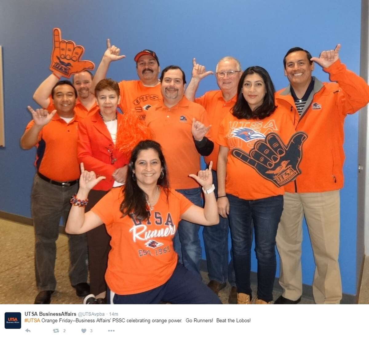 "#UTSA Orange Friday--Business Affairs' PSSC celebrating orange power.  Go Runners!  Beat the Lobos," @UTSAvpba.