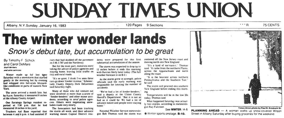 Jan. 15-16, 1983: The Capital Region was ready for this nor'easter, as the front page from the Jan. 16, 1983 edition of the Times Union shows.