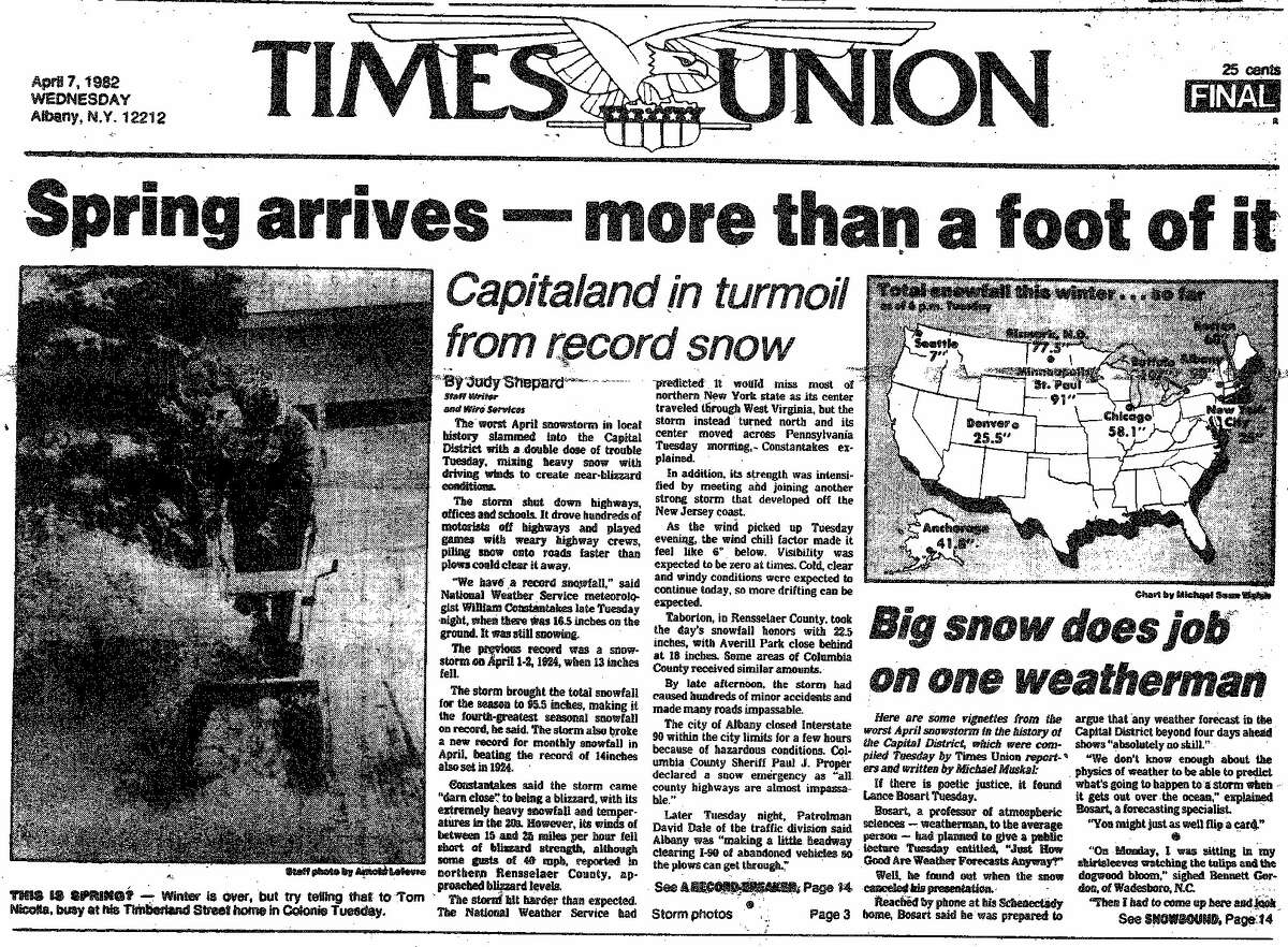 April 6-7, 1982: The closer of one of the snowiest winters on record, this winter storm dropped 17.7 inches on Albany to set the April record, which still stands.