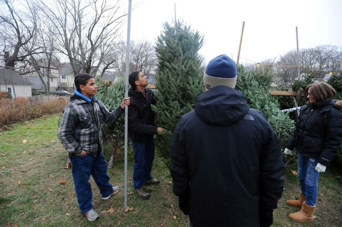 Thirteen-year-old Andrew Bagan, left, and 16-year-old Joseph Bagan, center, measure the height of a Christmas tree for customers during a tree and wreath sale in the parking lot behind Stamford High School in Stamford, Conn. on Sunday, Dec. 11, 2016. The Christmas Tree and Wreath sale benefits the Stamford High School band.