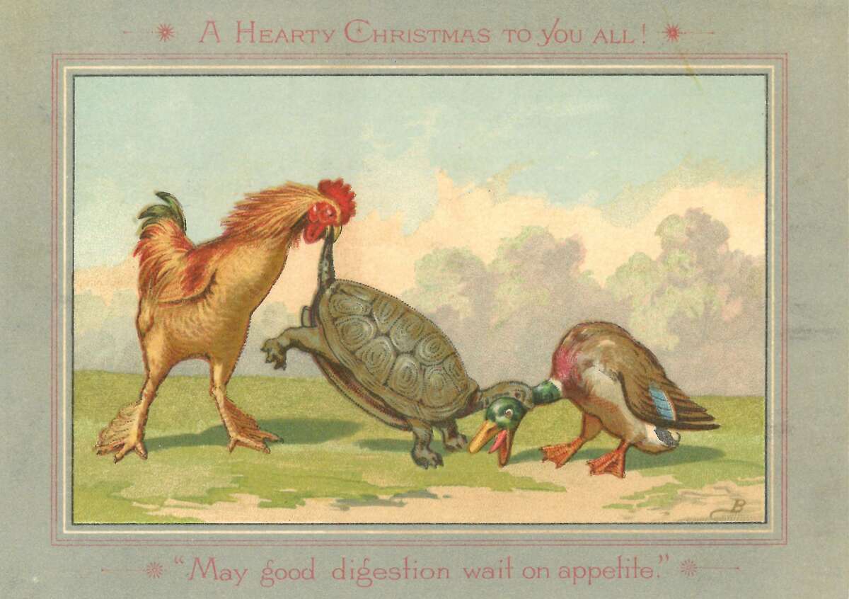 Some cards may have seemed funnier — or made more sense — to our great-grandparents than they do to us. The text reads “A Hearty Christmas to you all! / ‘May good digestion wait on appetite.’” 