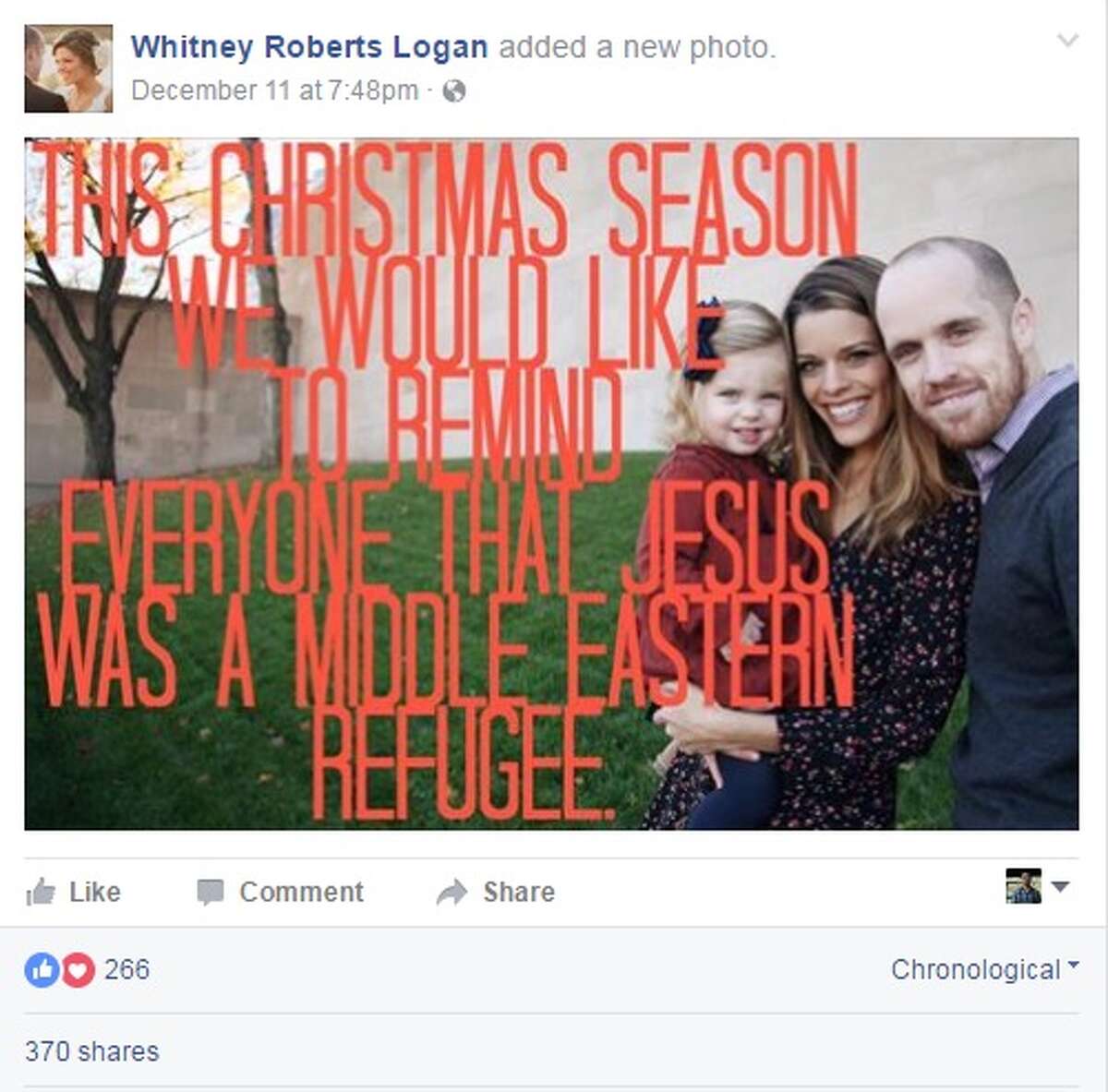 Whitney Logan's Christmas post about Jesus being a Middle Eastern refugee has gone viral, attracting 370 shares and 266 reactions as of Friday. Image source: Facebook