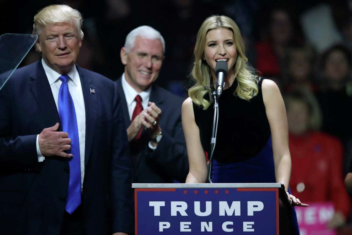 FILE - In this Nov. 7, 2016 file photo, Ivanka Trump speaks beside her father, then-Republican presidential candidate Donald Trump, left, and vice presidential nominee, Indiana Gov. Mike Pence during a campaign rally in Manchester, N.H. Ivanka Trump is poised to give the typically minor role of first daughter a major makeover. After playing an outsize role on the campaign trail for President-elect Donald Trump, the 35-year-oldÂ?’s next moves are being closely watched. SheÂ?’s been attending transition meetings with high profile figures like Japanese prime minister and Kanye West, has started calling congress members about issues she advocated on the campaign trail and recently made a scouting trip to Washington. (AP Photo/Charles Krupa, File)