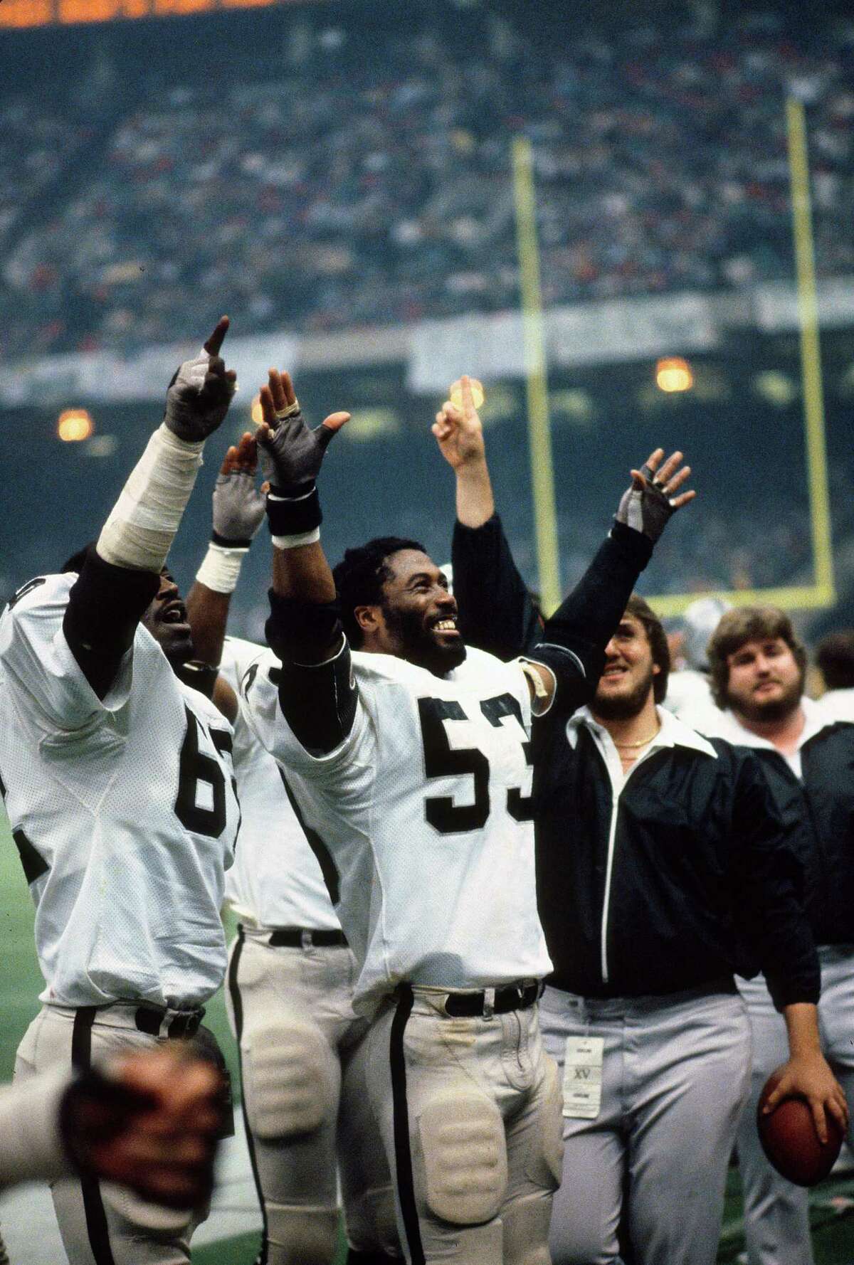 NEW ORLEANS, LA - JANUARY 25: Rod Martin #53 of the Oakland Raiders celebrates defeating the Philadelphia Eagles in Super Bowl XV at the Louisiana Superdome January 25, 1981 in New Orleans, Louisiana. The Raiders won the Super Bowl 27-10. (Photo by Focus on Sport/Getty Images)
