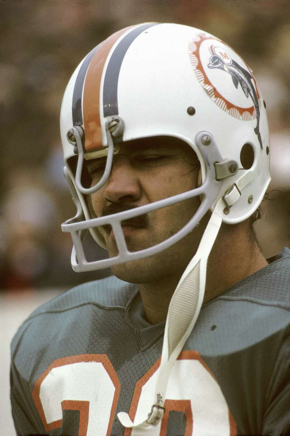 Running back Larry Csonka of the Miami Dolphins carries the ball