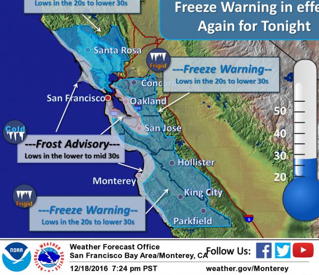 Freeze warning issued for Bay Area as temps fall to 20s